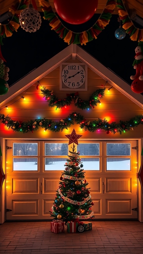 Christmas Decorations for a 3-Car Garage A festive 3-car garage decorated for Christmas with lights, a tree, and holiday banners.